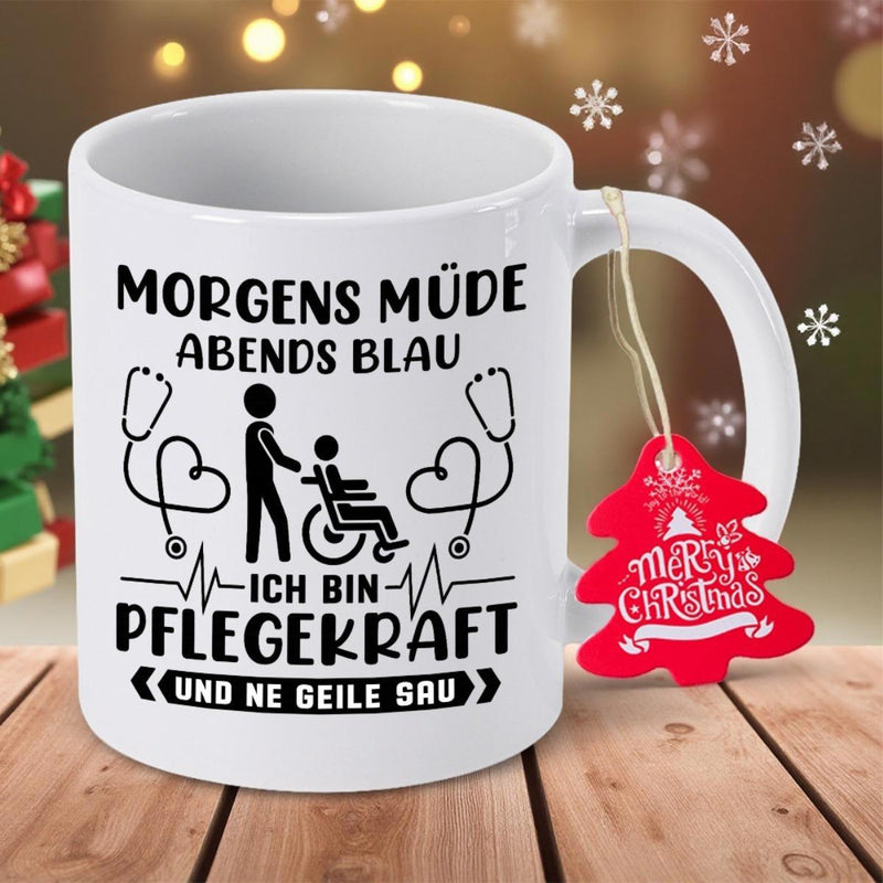 Tailorly White Ceramic 11 oz Mug - Merry Christmas Medical Caregiver Icons With Stethoscope Hearts And Patient In Wheelchair Nurse