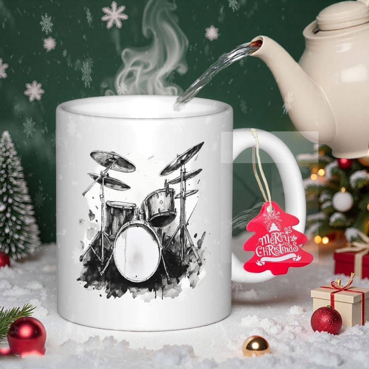 Tailorly White Ceramic 11 oz Mug - Merry Christmas Artistic Black Ink Sketch Of Professional Musical Percussion Instrument Set Drums