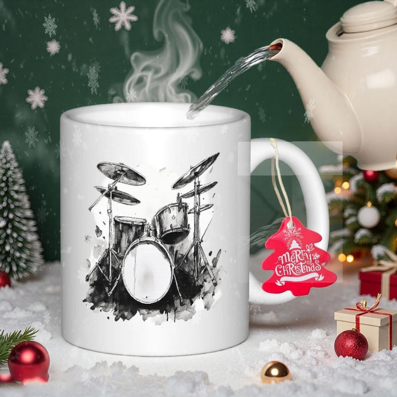 Tailorly White Ceramic 11 oz Mug - Merry Christmas Artistic Black Ink Sketch Of Professional Musical Percussion Instrument Set Drums