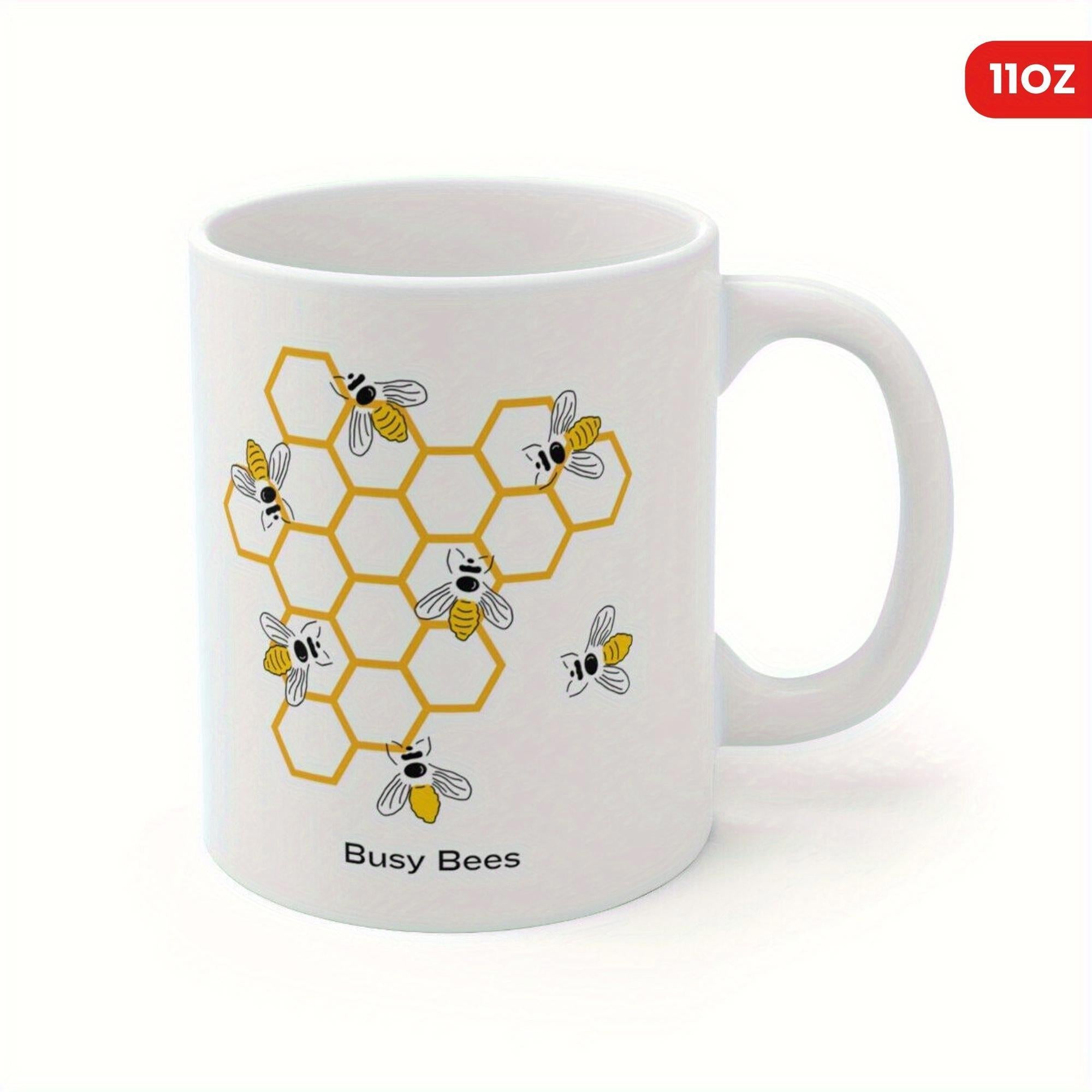 Tailorly White Ceramic 11 oz Mug - Busy Bees Golden Honeycomb Grid Pattern With Cute Cartoon Bumblebees Flying Around Bee