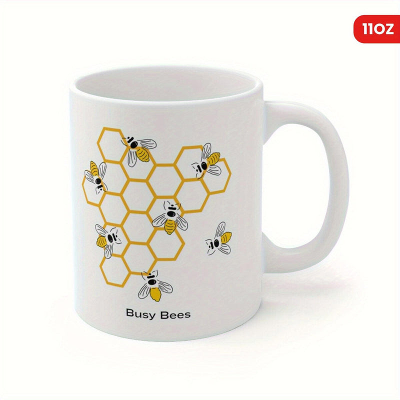 Tailorly White Ceramic 11 oz Mug - Busy Bees Golden Honeycomb Grid Pattern With Cute Cartoon Bumblebees Flying Around Bee