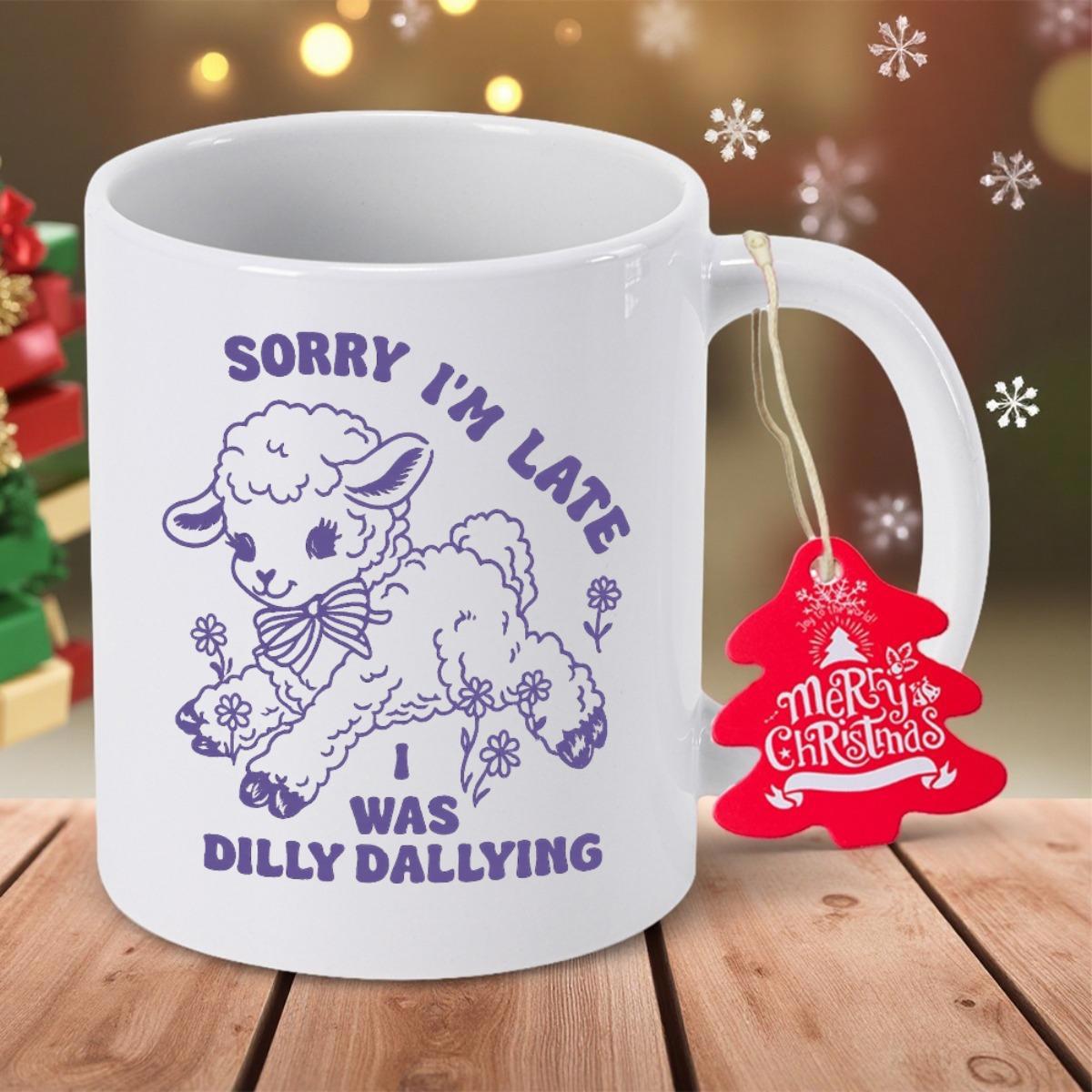 Tailorly White Ceramic 11 oz Mug - Sorry I'm Late I Was Dilly Dallying Retro Vintage Purple Illustration Prancing Among Small Flowers Lamb