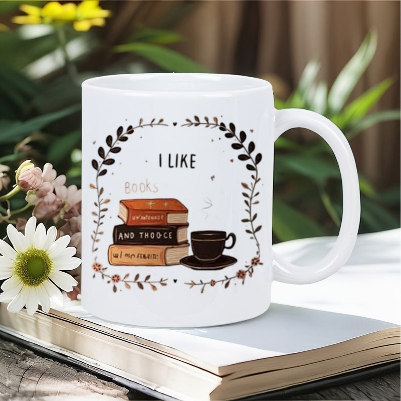 Tailorly White Ceramic 11 oz Mug - I Like Books Stack Of Classic Vintage Books Resting Beside A Steaming Coffee Cup
