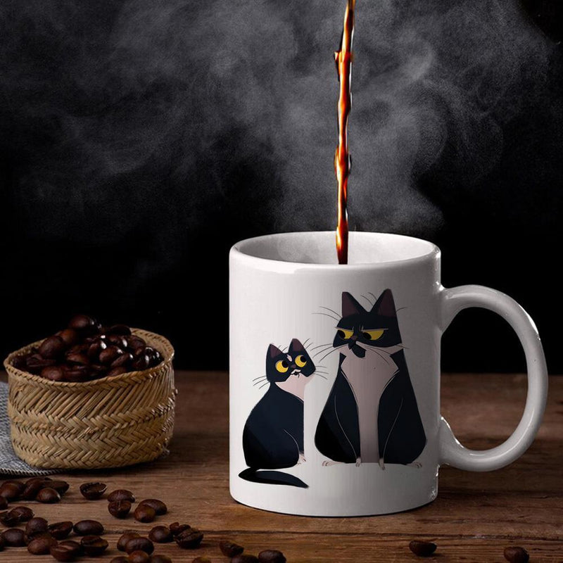 Tailorly White Ceramic 11 oz Mug - Minimalist Stylized Black And White Cartoon Tuxedo Felines Sitting Together Quietly Cat