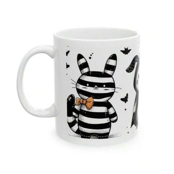 Tailorly White Ceramic 11 oz Mug - Whimsical Black And White Horizontal Striped Creature Wearing Orange Bow Tie Cat