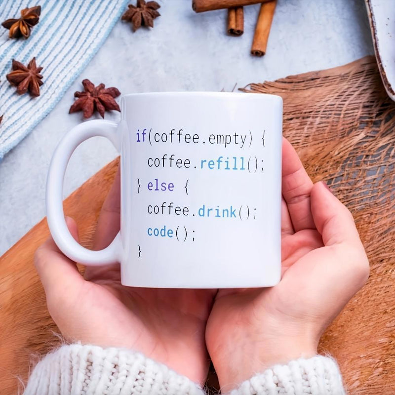Tailorly White Ceramic 11 oz Mug - If Coffee Empty Coffee Refill Else Coffee Drink Code Minimalist Programming Script Displayed On A Sleek Ceramic Surface Mug