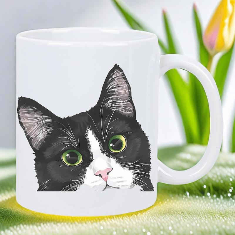 Tailorly White Ceramic 11 oz Mug - Staring With Big Green Eyes And Pink Nose Adorable Peeking Cat