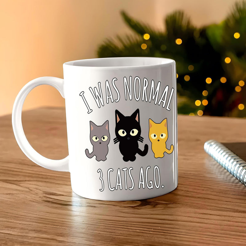 Tailorly White Ceramic 11 oz Mug - I Was Normal 3 Cats Ago Three Adorable Minimalist Kittens Sitting In A Straight Row Cat