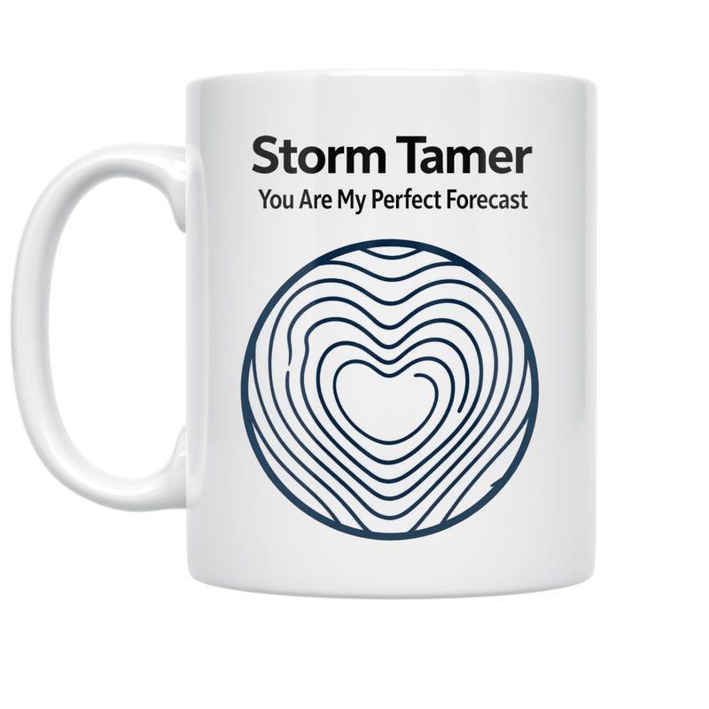 Tailorly White Ceramic 11 oz Mug - Storm Tamer You Are My Perfect Forecast Minimalist Circular Design Featuring Wavy Concentric Lines Forming A Central Heart