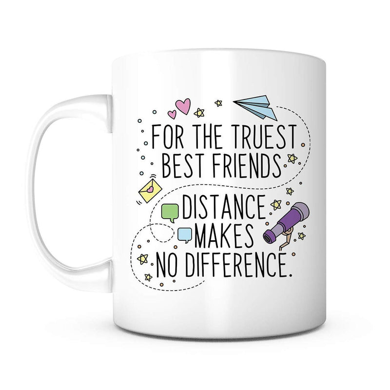 Tailorly White Ceramic 11 oz Mug - For The Truest Best Friends Distance Makes No Difference Whimsical Dotted Lines Featuring Hearts And Paper Plane Floating Near