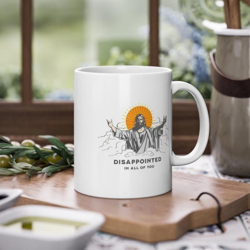 Tailorly White Ceramic 11 oz Mug - Disappointed In All Of You Stylized Religious Figure With Outstretched Arms And Bright Golden Halo Behind Jesus