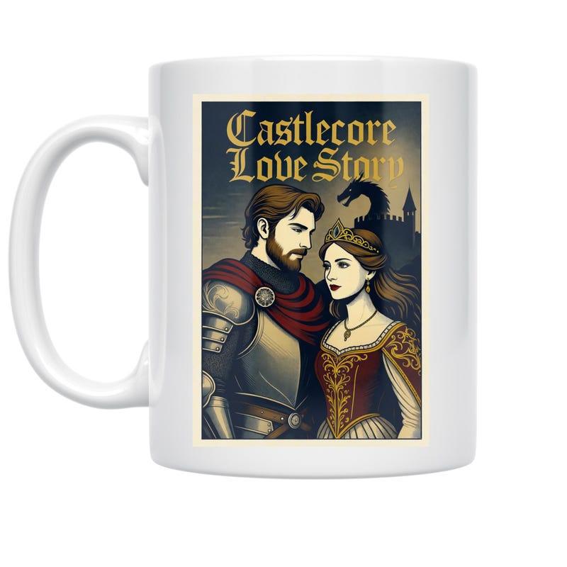 Tailorly White Ceramic 11 oz Mug - Castlecore Love Story Noble Knight And Elegant Princess Standing Before A Dragon Silhouette Castle Couple