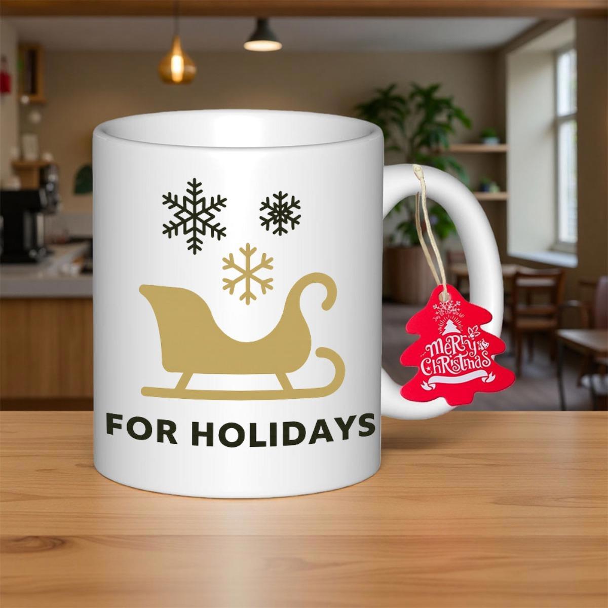 Tailorly White Ceramic 11 oz Mug - For Holidays Elegant Golden Silhouette Floating Among Delicate Falling Winter Snowflakes Sleigh