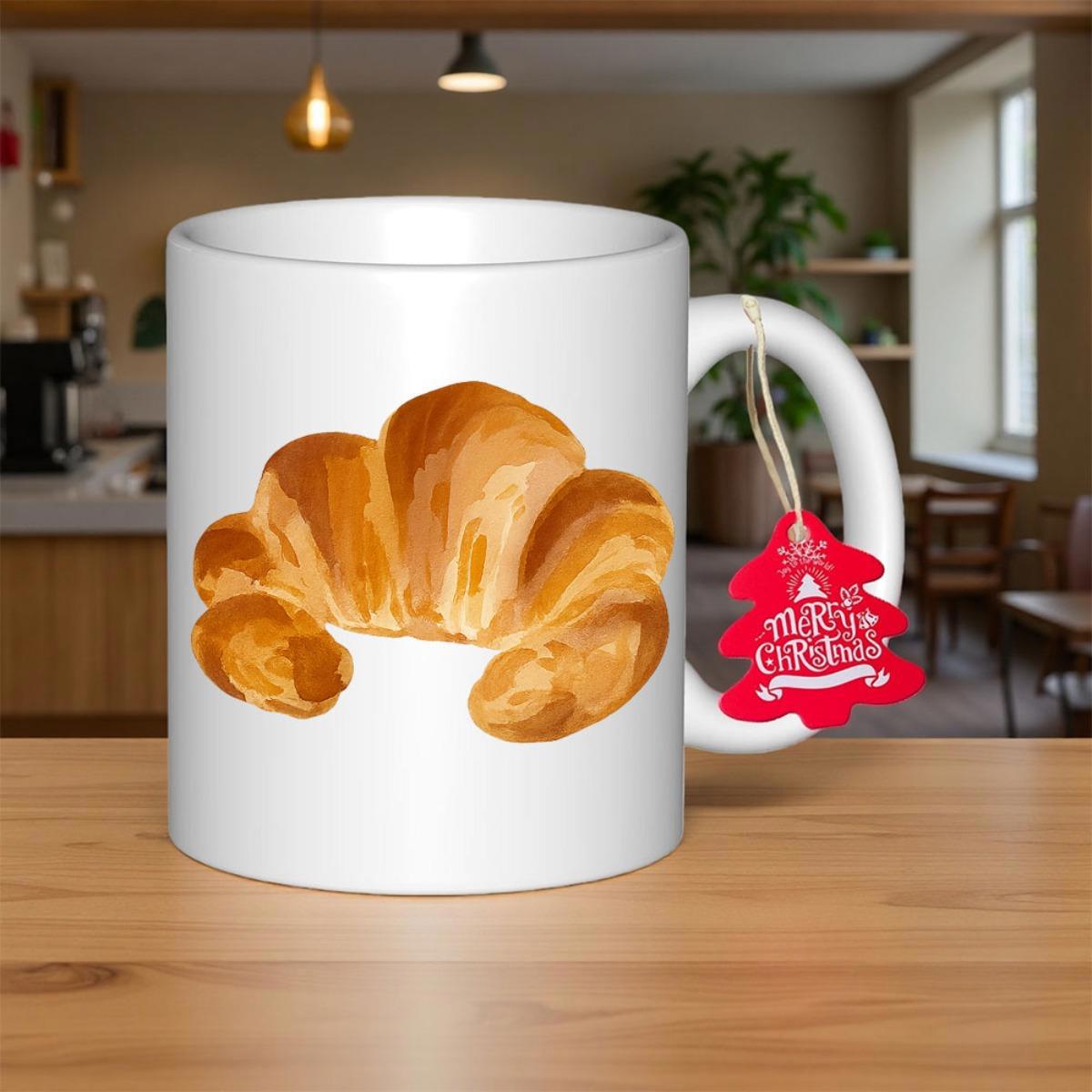 Tailorly White Ceramic 11 oz Mug - Merry Christmas Delicious Golden Brown Flaky Pastry Freshly Baked From A French Bakery Croissant
