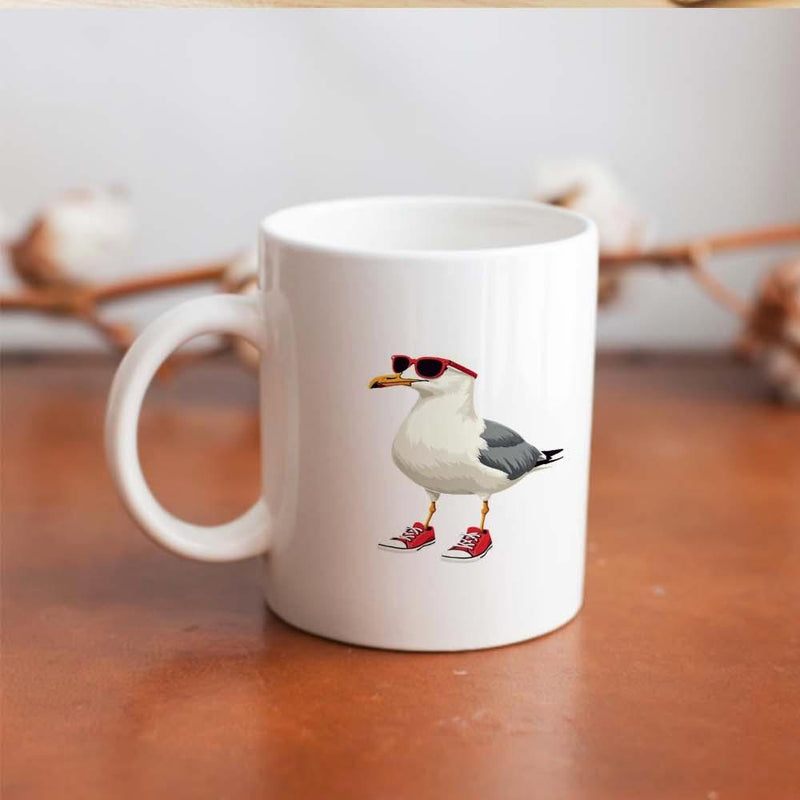Tailorly White Ceramic 11 oz Mug - Cool Coastal Bird Wearing Dark Sunglasses And Stylish Red Sneakers Seagull