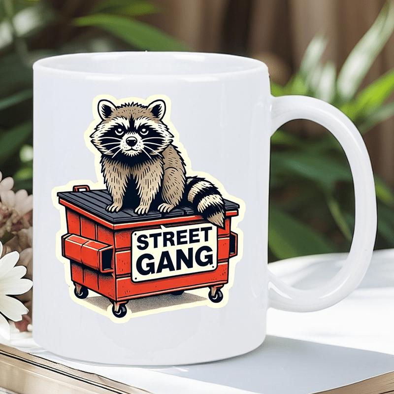 Tailorly White Ceramic 11 oz Mug - Street Gang Cute Cartoon Animal Sitting On A Rolling Red Garbage Bin Raccoon
