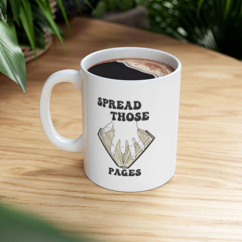 Tailorly White Ceramic 11 oz Mug - Spread Those Pages Minimalist Hand Reaching Into Splayed Vintage Style Open Book