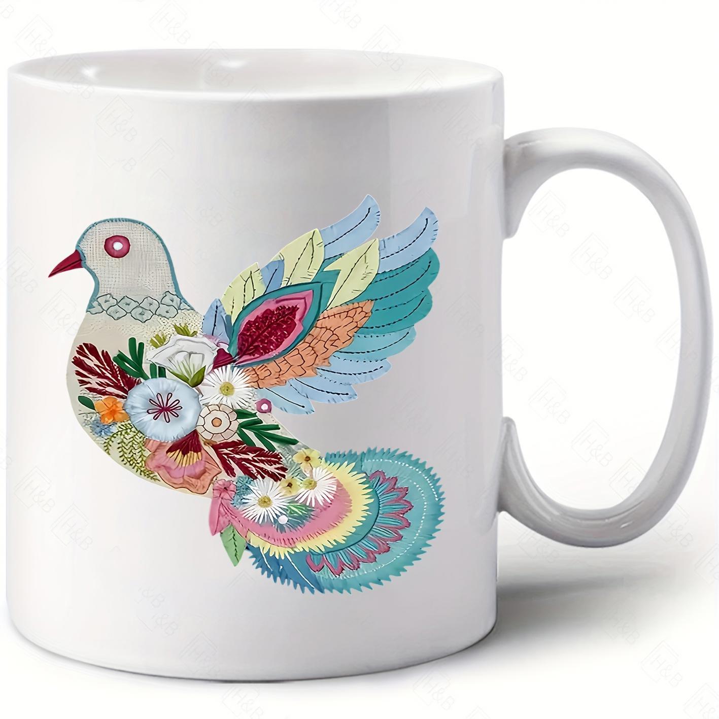 Tailorly White Ceramic 11 oz Mug - Colorful Floral Feathers Soaring In A Peaceful Decorative Style Dove