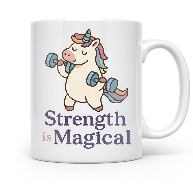 Tailorly White Ceramic 11 oz Mug - Strength Is Magical Adorable Cartoon Creature Lifting Heavy Dumbbells In A Fitness Gym Setting Unicorn