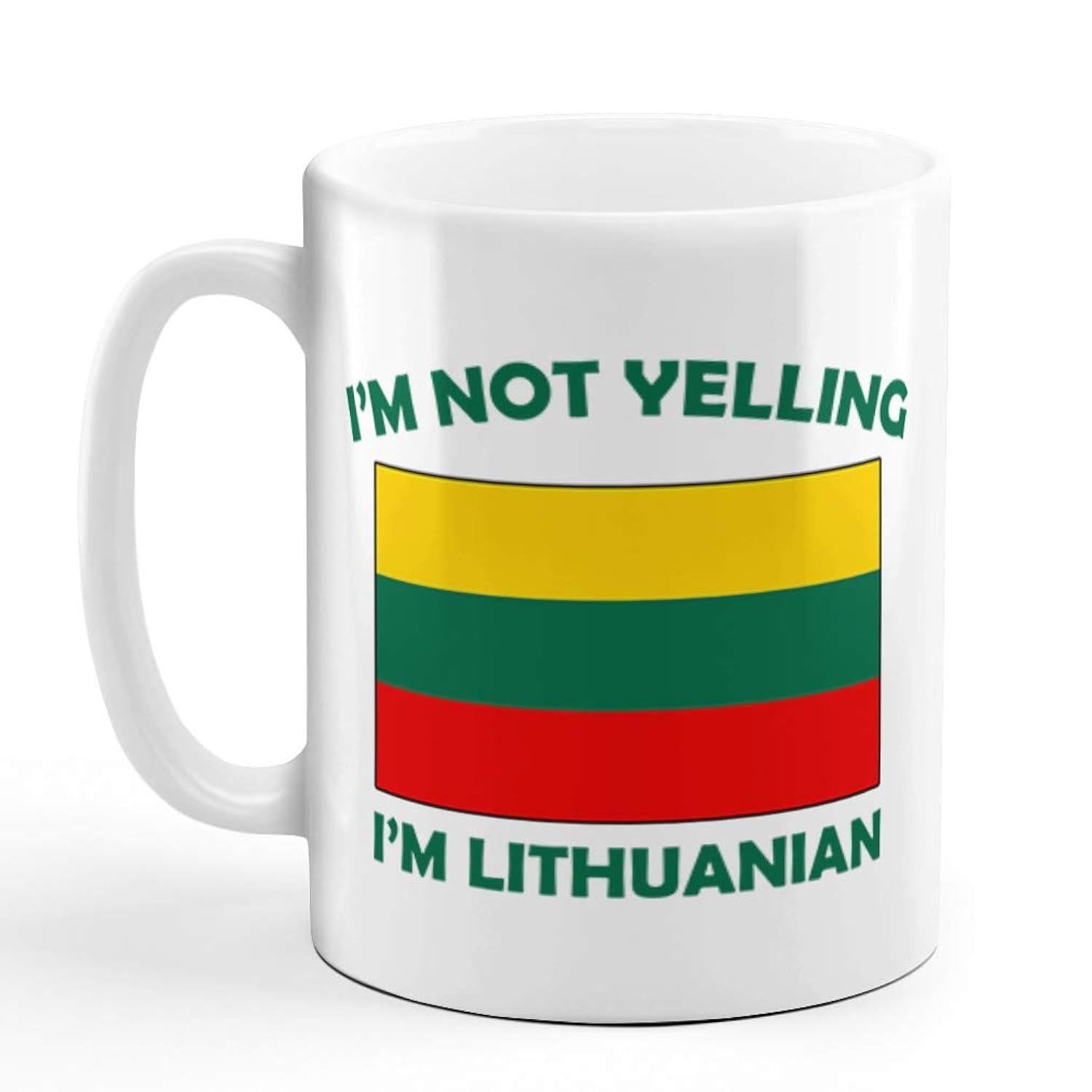 Tailorly White Ceramic 11 oz Mug - Im Not Yelling Im Lithuanian Horizontal Yellow Green And Red Stripes Of National Flag Mug