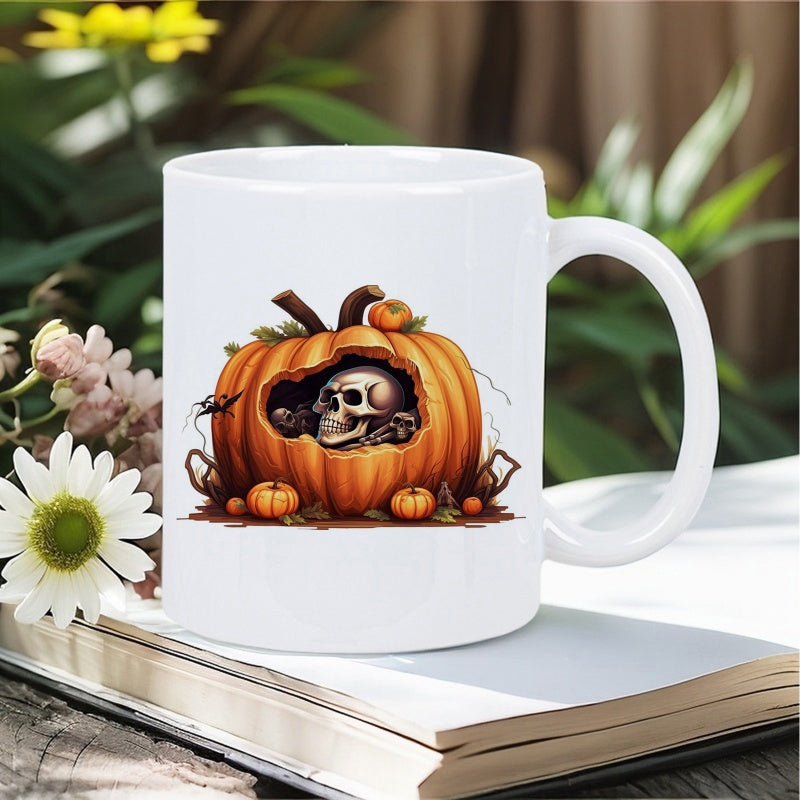 Tailorly White Ceramic 11 oz Mug - Spooky Carved Halloween Gourd With Realistic Human Skull Tucked Inside Pumpkin