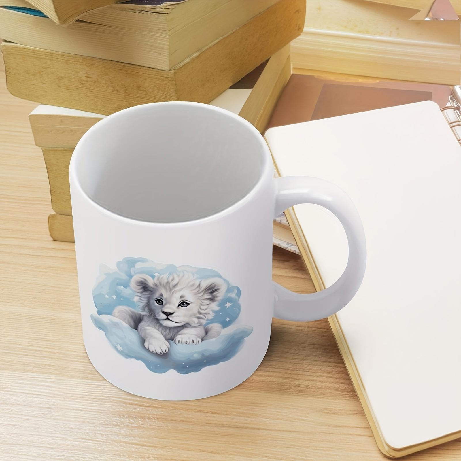 Tailorly White Ceramic 11 oz Mug - Fluffy Little White Lion Cub Resting Peacefully On Soft Blue Clouds Cub