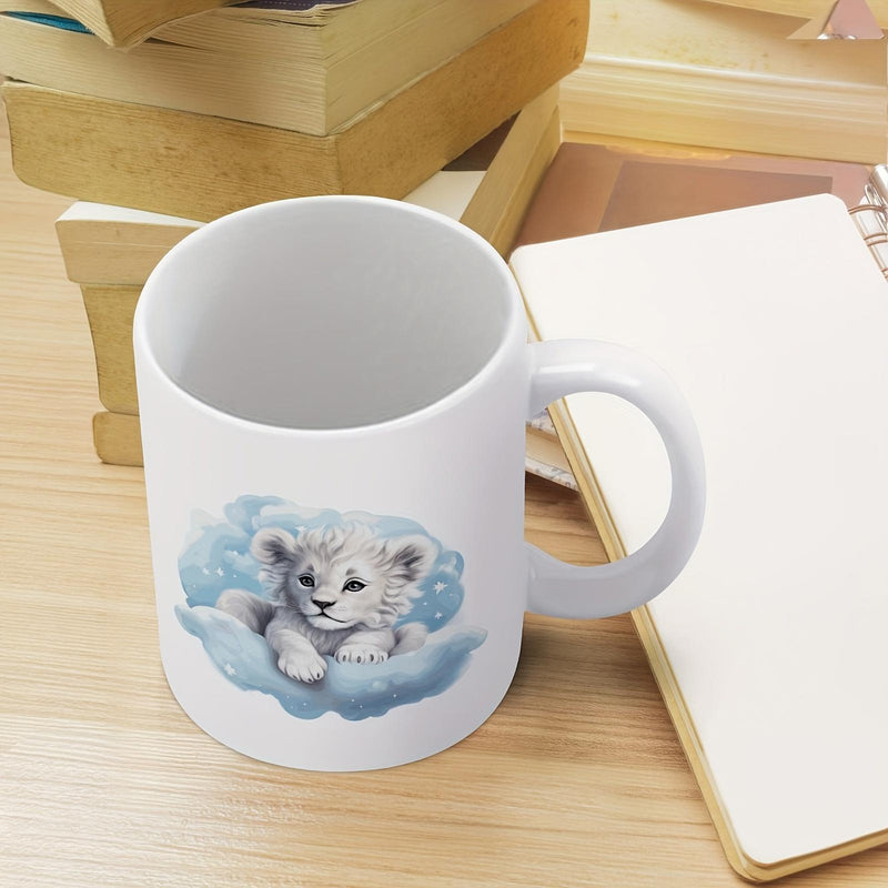 Tailorly White Ceramic 11 oz Mug - Fluffy Little White Lion Cub Resting Peacefully On Soft Blue Clouds Cub