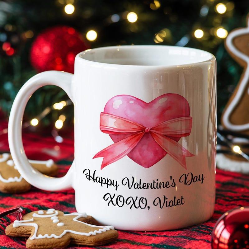 Tailorly White Ceramic 11 oz Mug - Happy Valentine's Day XOXO Violet Pink Watercolor Heart Wrapped With A Delicate Red Silk Ribbon Heart