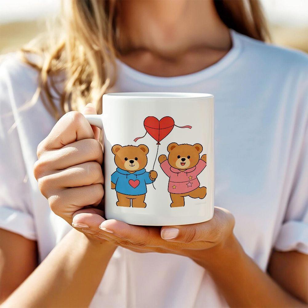 Tailorly White Ceramic 11 oz Mug - Two Adorable Cartoon Bears Wearing Sweaters Holding A Red Heart Shaped Balloon Bear