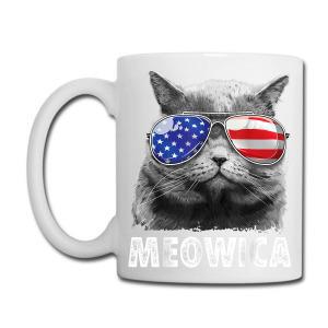 Tailorly White Ceramic 11 oz Mug - Meowica Patriotic Feline Wearing Aviator Sunglasses With American Flag Pattern Cat