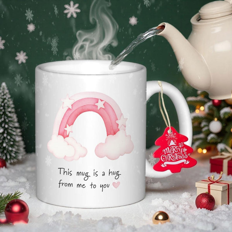Tailorly White Ceramic 11 oz Mug - This Mug Is A Hug From Me To You Soft Pink Rainbow With Fluffy White Clouds Under Twinkling Little Stars Rainbow