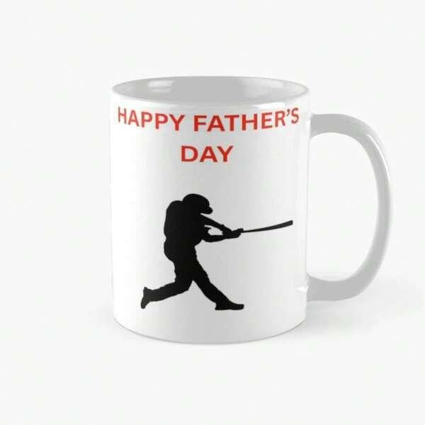 Tailorly White Ceramic 11 oz Mug - Happy Father's Day Powerful Athletic Silhouette Of A Baseball Player Swinging A Bat Athlete