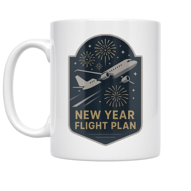 Tailorly White Ceramic 11 oz Mug - New Year Flight Plan Soaring Through Festive Midnight Sky With Sparkling Fireworks Above The Clouds Airplane