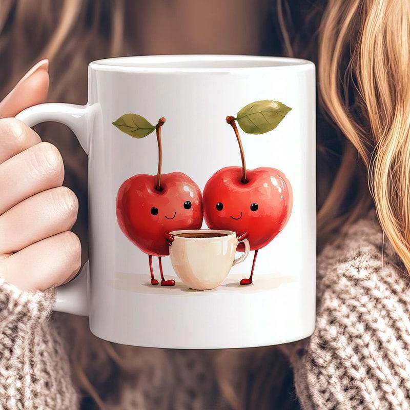 Tailorly White Ceramic 11 oz Mug - Two Adorable Cartoon Cherries Holding A Tiny Cup Of Coffee Together Cherries