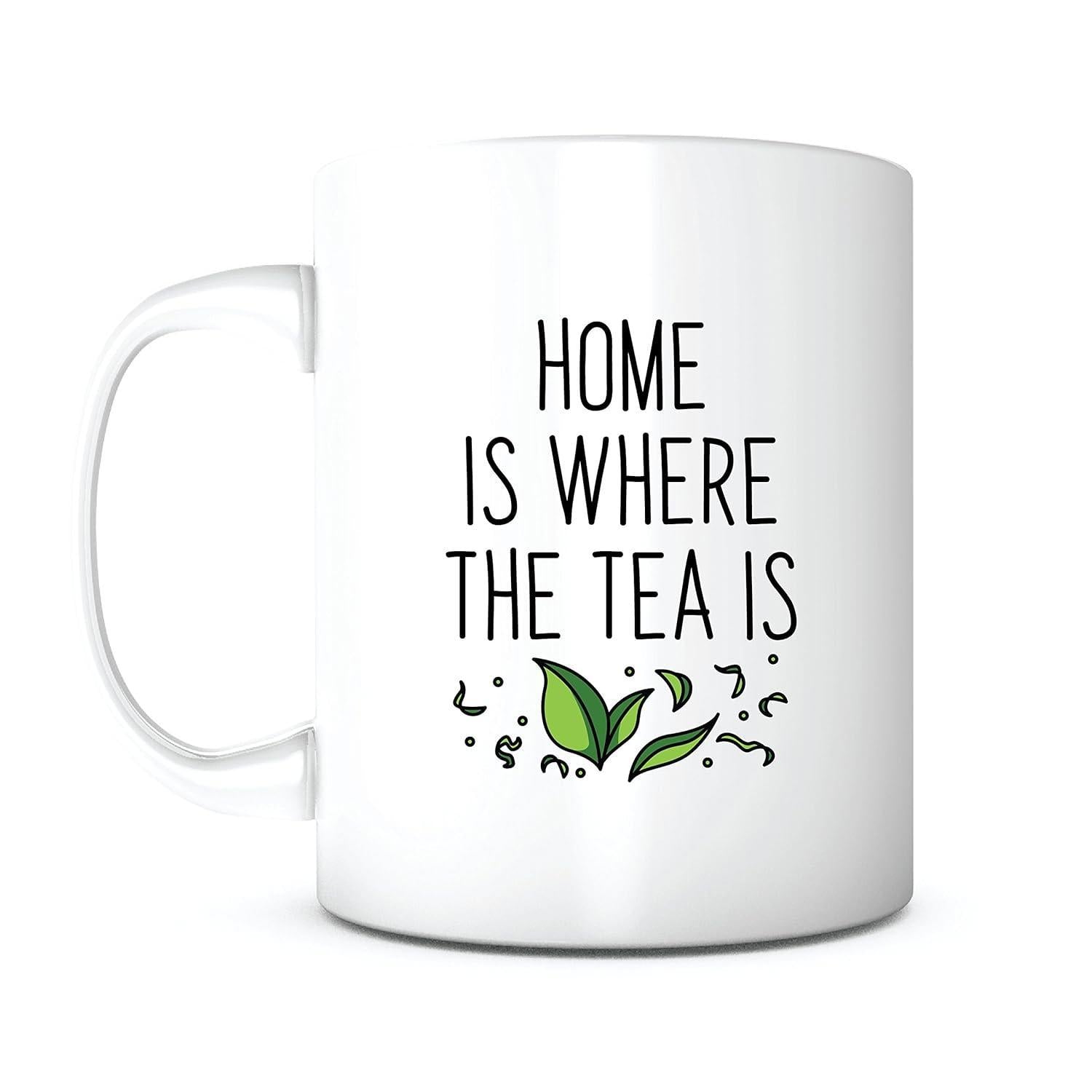 Tailorly White Ceramic 11 oz Mug - Home Is Where The Tea Is Green Foliage With Minimalist Swirls And Sprinkles Leaves