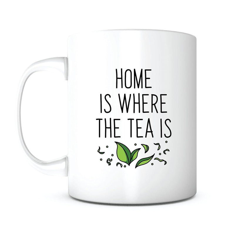 Tailorly White Ceramic 11 oz Mug - Home Is Where The Tea Is Green Foliage With Minimalist Swirls And Sprinkles Leaves