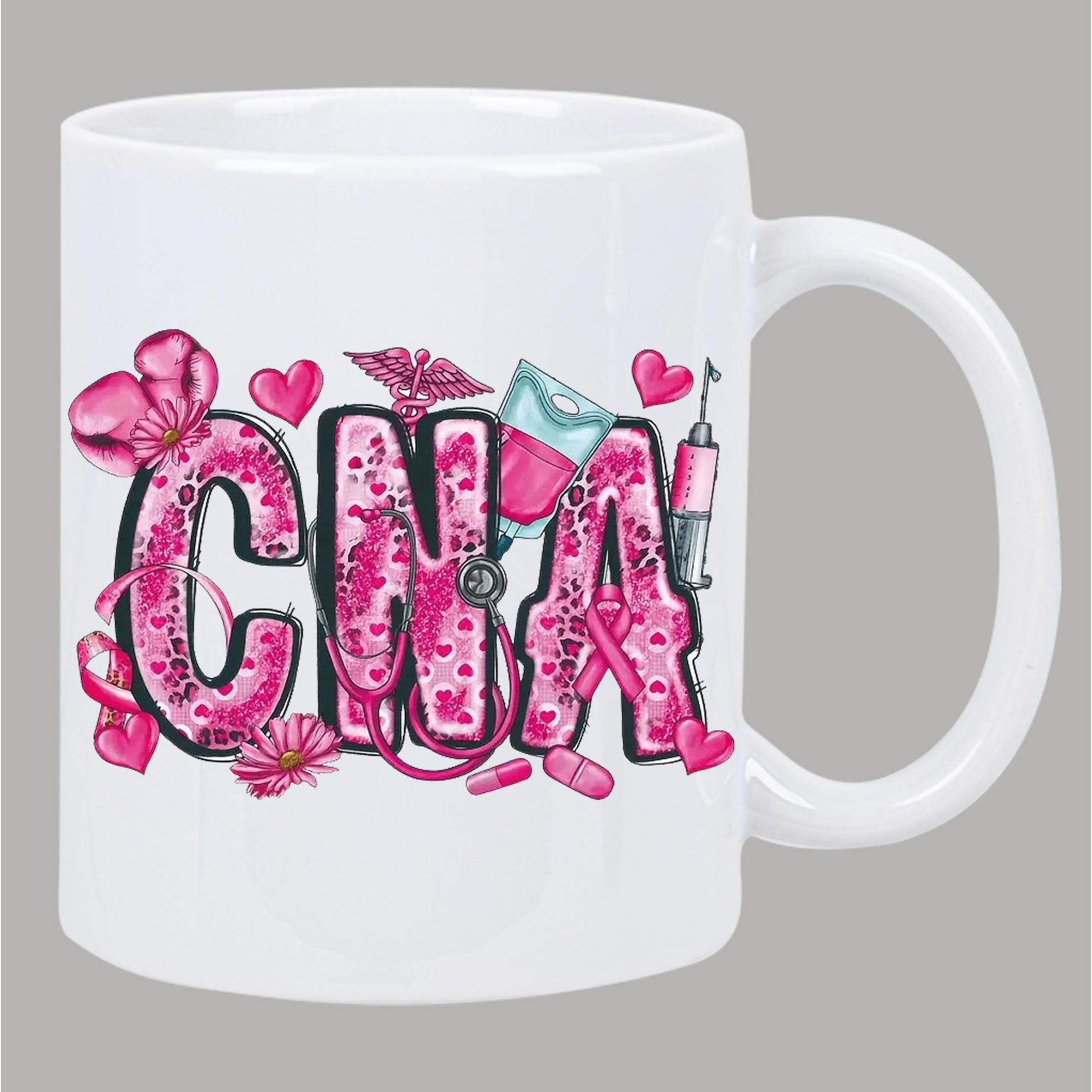 Tailorly White Ceramic 11 oz Mug - CNA Pink Artistic Letters Featuring Stethoscope Ribbons And Medical Equipment Design