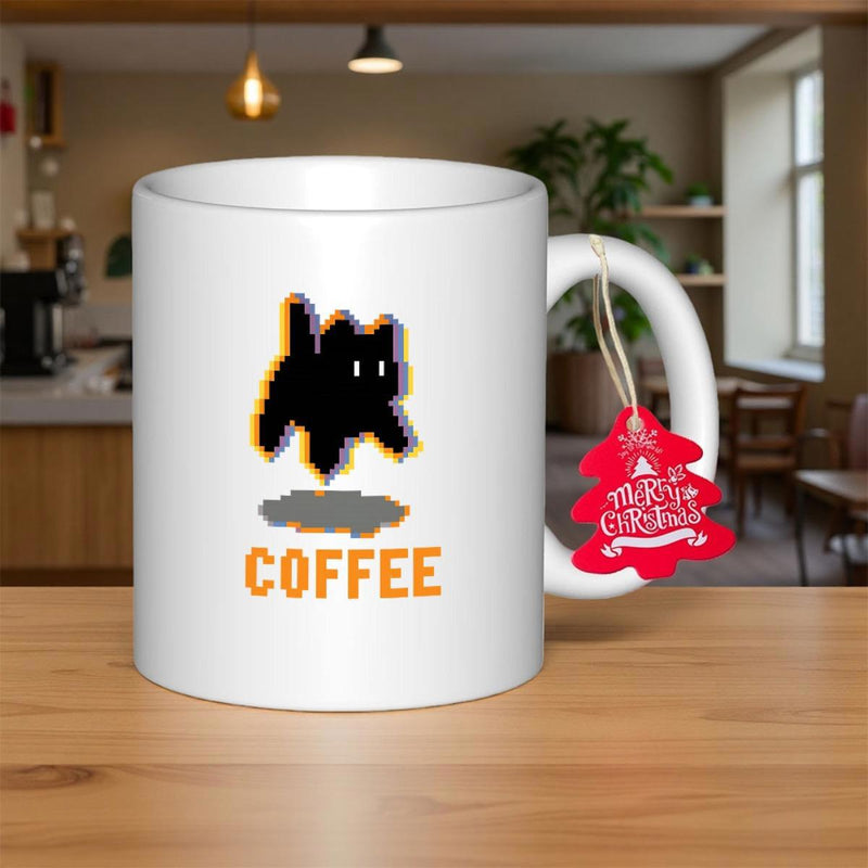 Tailorly White Ceramic 11 oz Mug - Coffee Playful Small Pixelated Form Jumping High Over A Minimalist Grey Shadow Cat