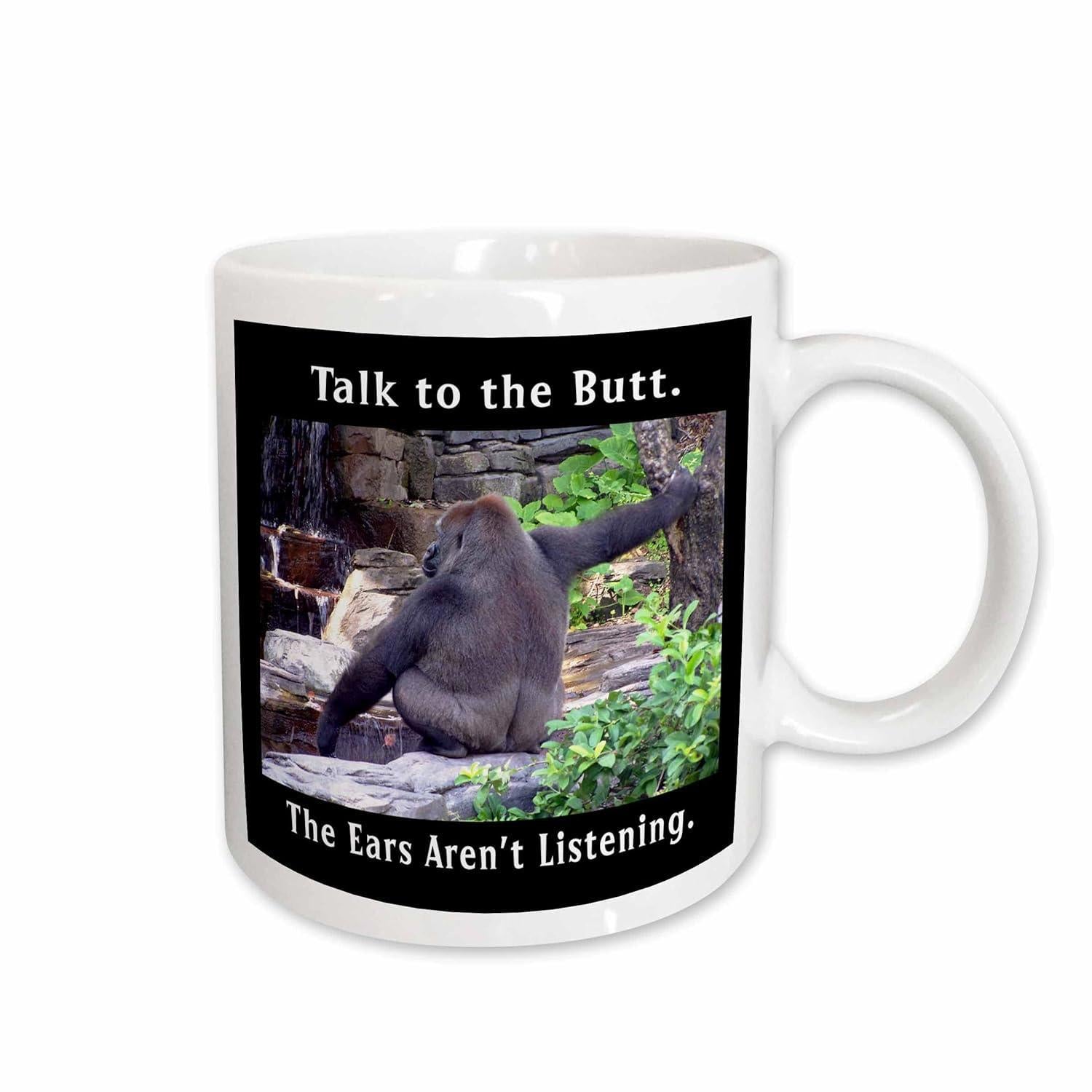 Tailorly White Ceramic 11 oz Mug - Talk To The Butt The Ears Aren't Listening Primate Resting Peacefully In Natural Habitat Among Lush Green Plants And Rocks