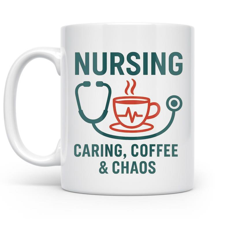 Tailorly White Ceramic 11 oz Mug - Nursing Caring Coffee Chaos Professional Medical Stethoscope With Steaming Coffee Cup And Heartbeat Mug