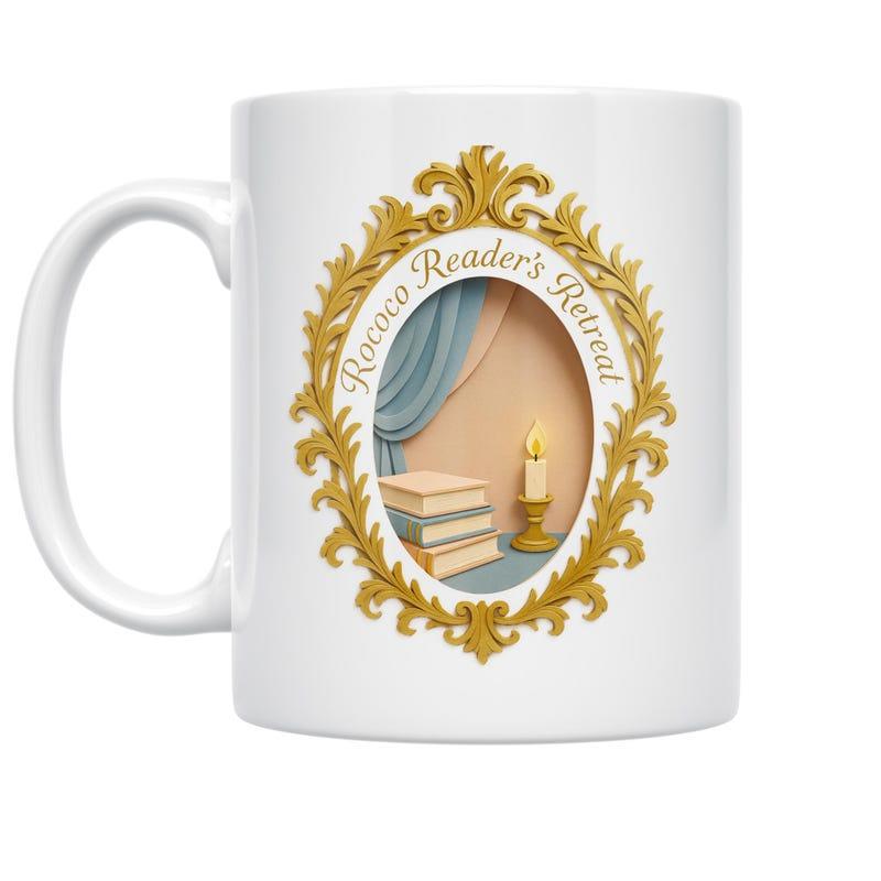 Tailorly White Ceramic 11 oz Mug - Rococo Reader's Retreat Ornate Golden Vintage Border With Classic Books And Glowing Candle Frame