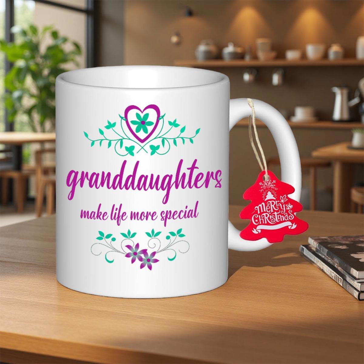 Tailorly White Ceramic 11 oz Mug - Granddaughters Make Life More Special Elegant Floral Flourishes With Purple Heart And Delicate Teal Vines Heart