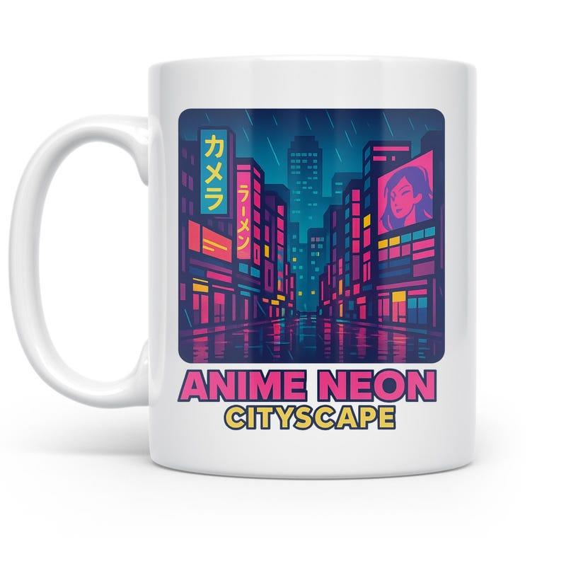 Tailorly White Ceramic 11 oz Mug - Anime Neon Cityscape Glowing Vibrant Urban Streets Reflecting Colorful Retro Synthwave Lights Cityscape