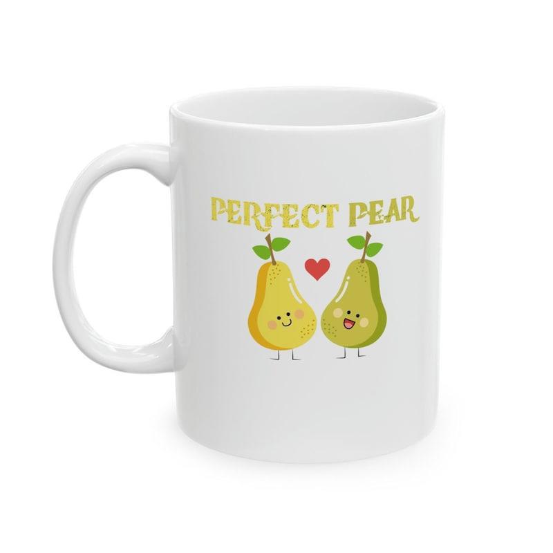 Tailorly White Ceramic 11 oz Mug - Perfect Pear Two Cute Smiling Cartoon Fruits With A Red Heart Pear