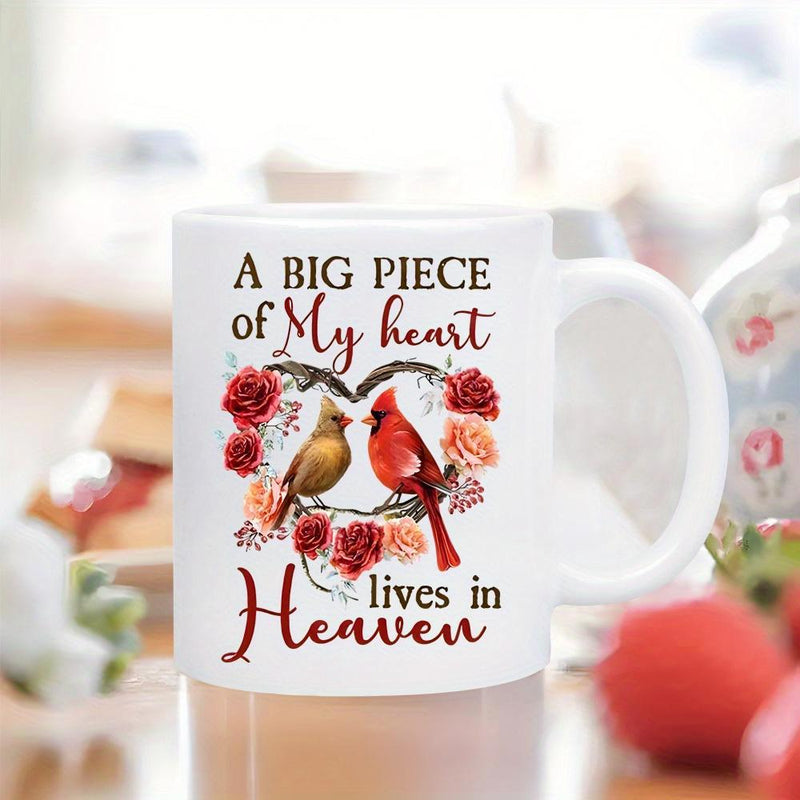 Tailorly White Ceramic 11 oz Mug - A Big Piece Of My Heart Lives In Heaven Two Cardinal Birds Perched On Branches Within Heart Shaped Rose Wreath Cardinal
