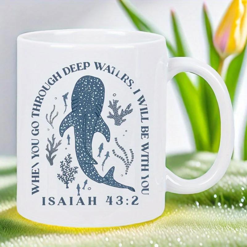 Tailorly White Ceramic 11 oz Mug - When You Go Through Deep Waters I Will Be With You Isaiah 43 2 Graceful Spotted Whale Shark Swimming Among Deep Sea Plants And