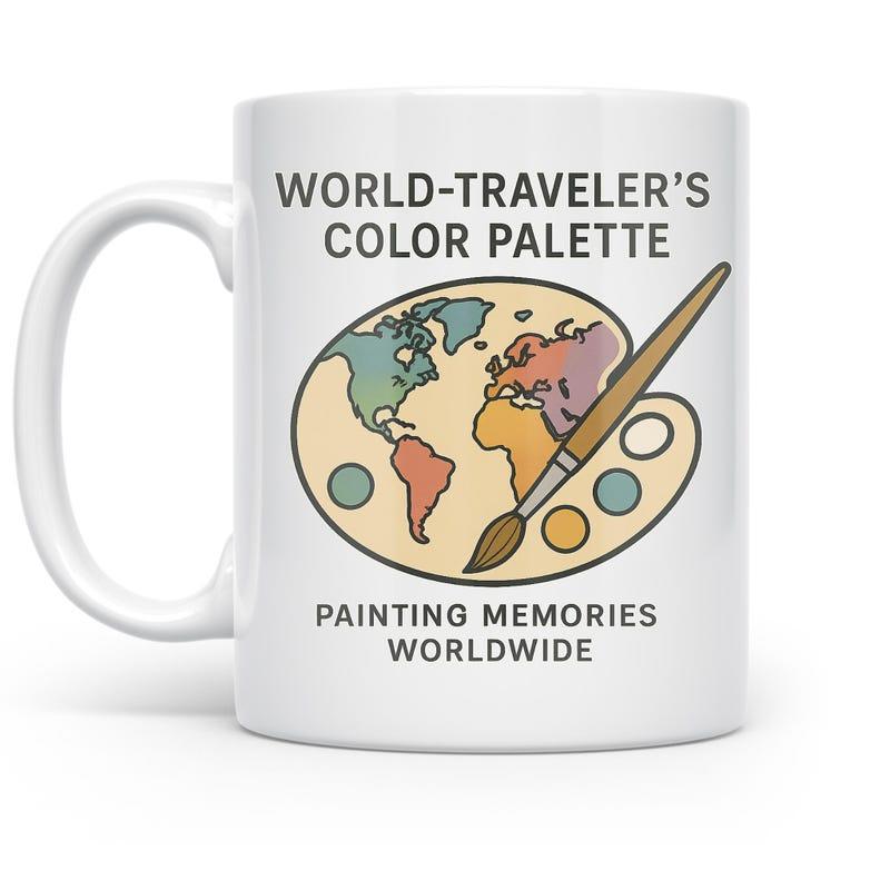 Tailorly White Ceramic 11 oz Mug - World Travelers Color Palette Painting Memories Worldwide Artistic Paint Brush Resting On A Vibrant Colorful World Map Shaped