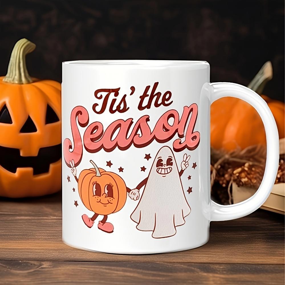 Tailorly White Ceramic 11 oz Mug - Tis The Season Retro Cartoon Style Pumpkin And Ghost Walking Together For Spooky Halloween