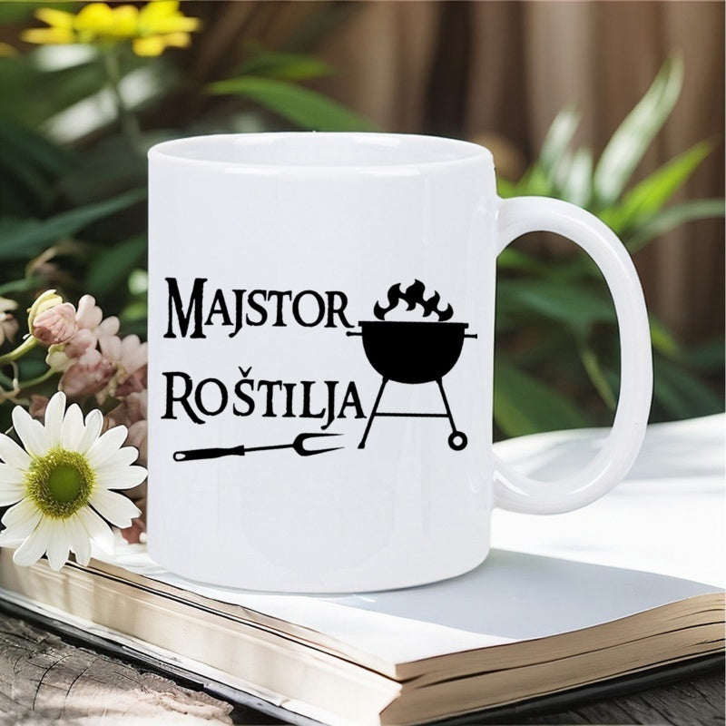Tailorly White Ceramic 11 oz Mug - Silhouette Of A Kettle Barbecue With Smoke And A Long Cooking Fork Grill