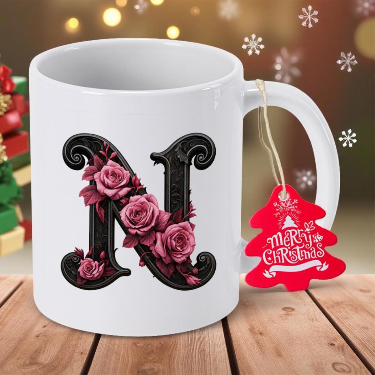 Tailorly White Ceramic 11 oz Mug - Merry Christmas N Elegant Vintage Letter N Entwined With Blooming Pink Roses Mug